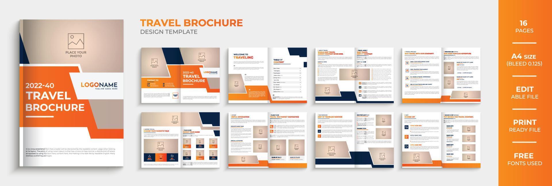 Multipage travel agency brochure design, 16 pages corporate company profile template vector