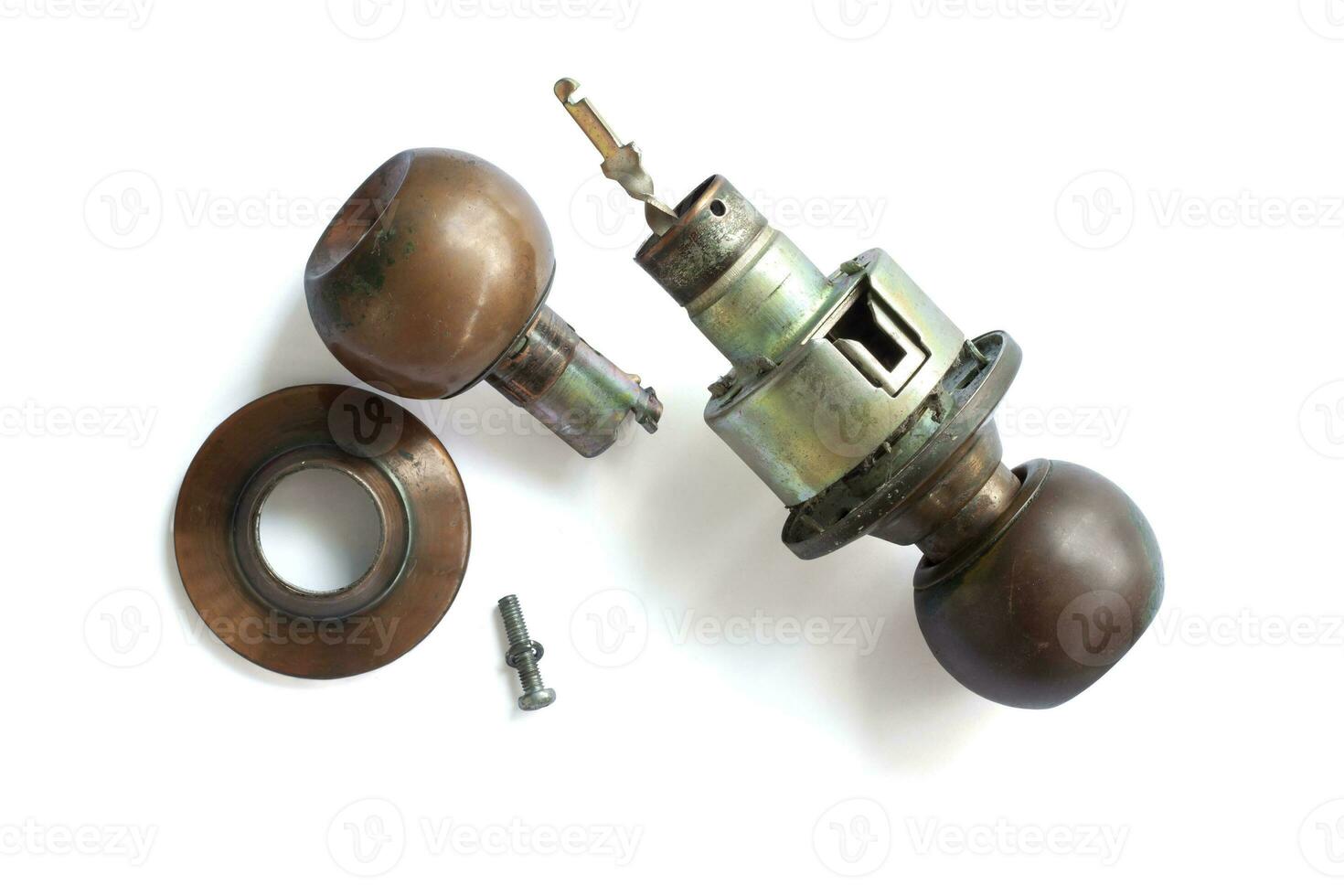The broken old doorknob and knot isolated on white background included clipping path. photo
