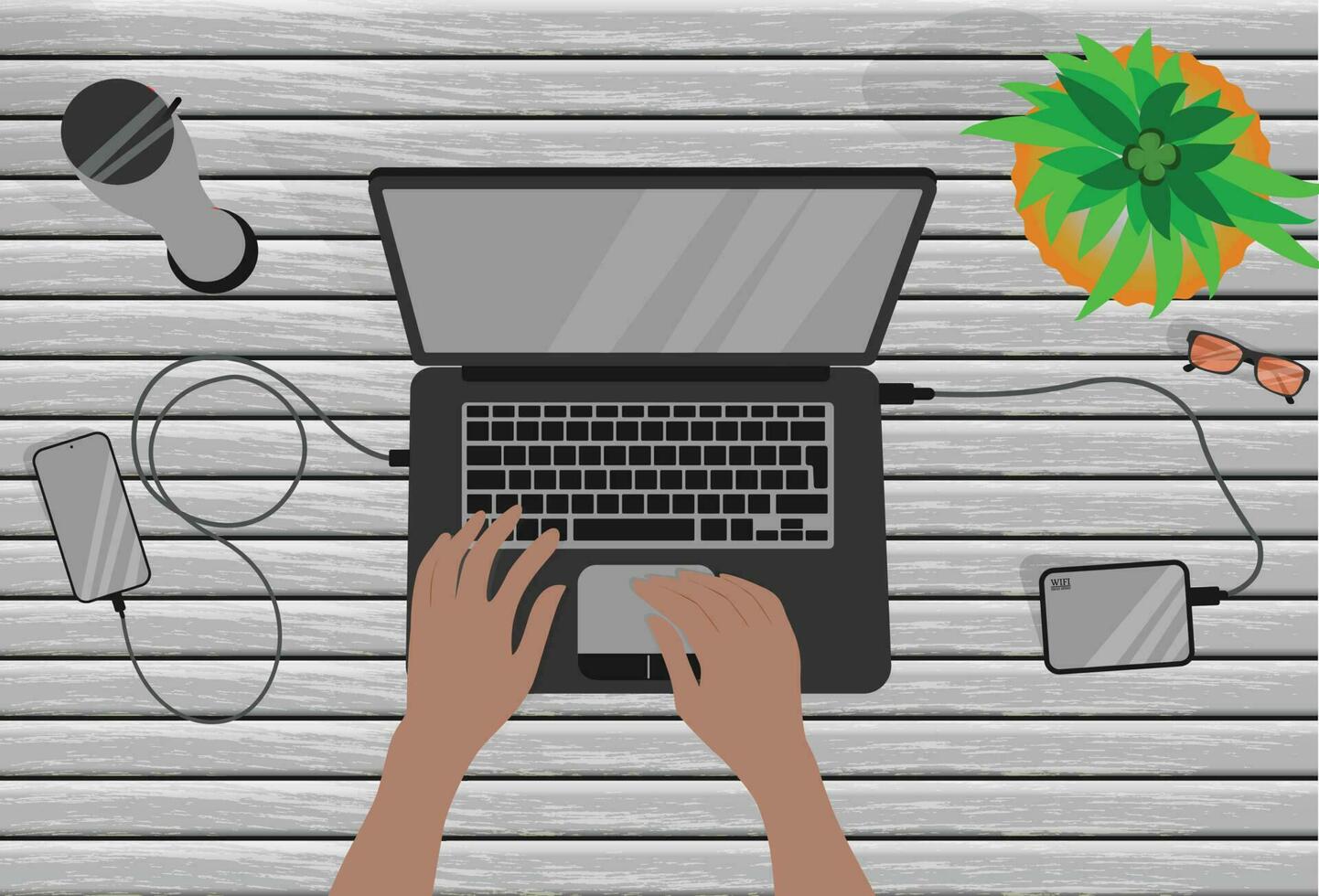 Freelancer Laptop,Female Working from home office taking coffee, Young man working at laptop from home illustration Free Vector