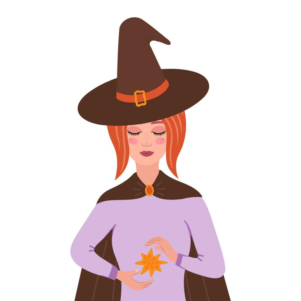 hechicera con sombrero y estrella en las manos. ilustración para fondos, portadas y empaques. la imagen se puede utilizar para tarjetas de felicitación, carteles, pegatinas y textiles. aislado sobre fondo blanco. vector