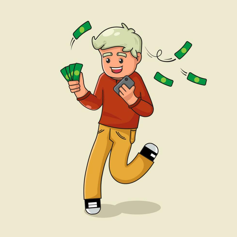 Happy face man with blonde hair holding US dollar banknotes and smartphone, some of the money is flying around vector