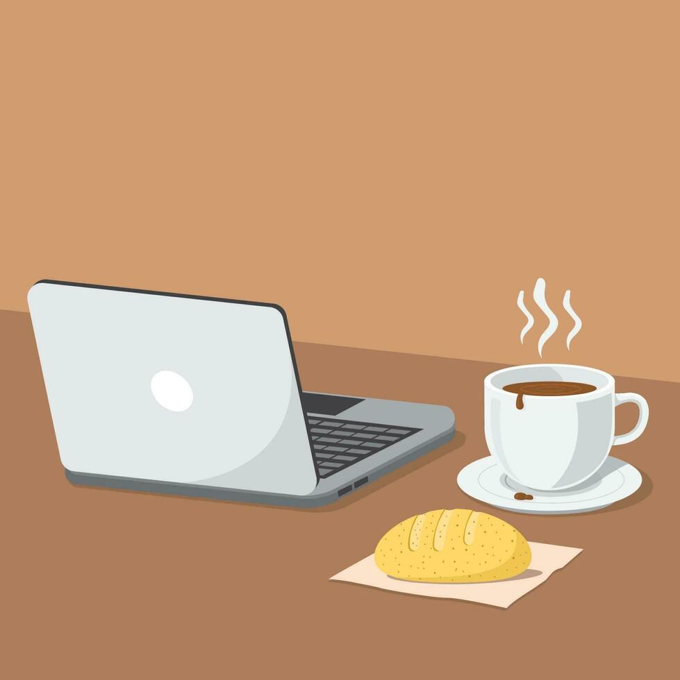 vista frontal del escritorio de la oficina del lugar de trabajo con computadora portátil, taza de café y pan de masa fermentada vector