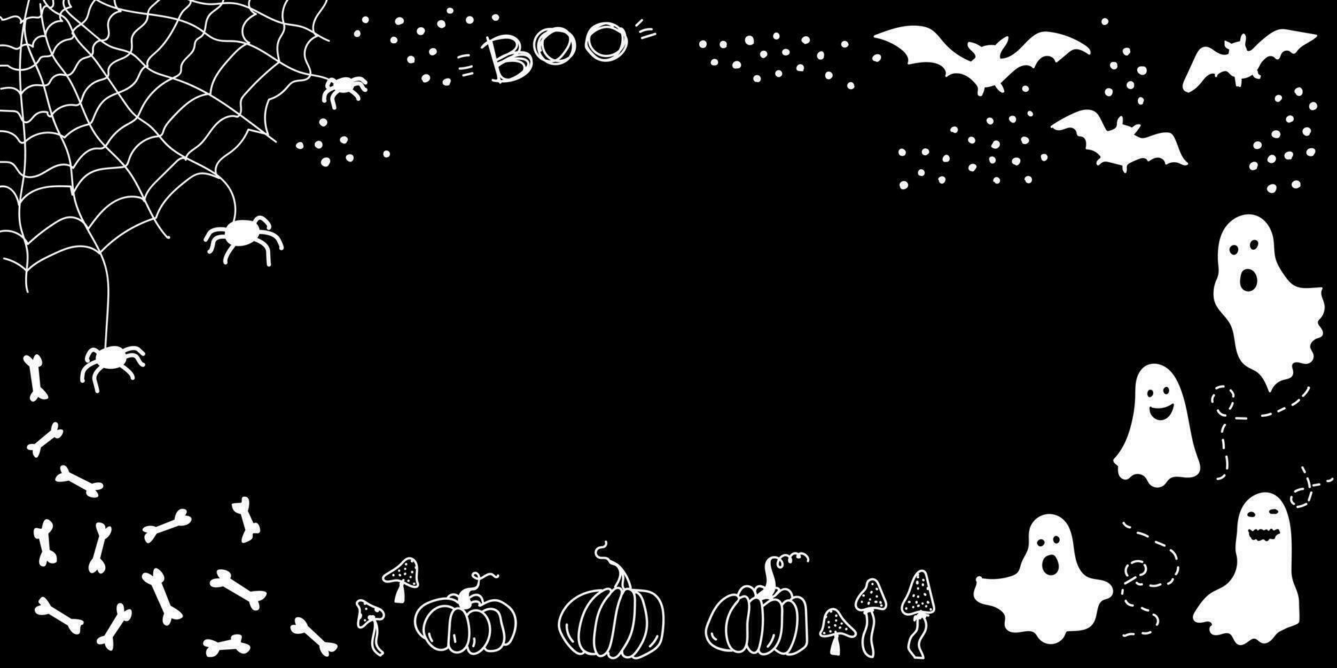Halloween border. Pumpkins, bats, spiders, ghosts, mushrooms and bones. Doodle frame vector