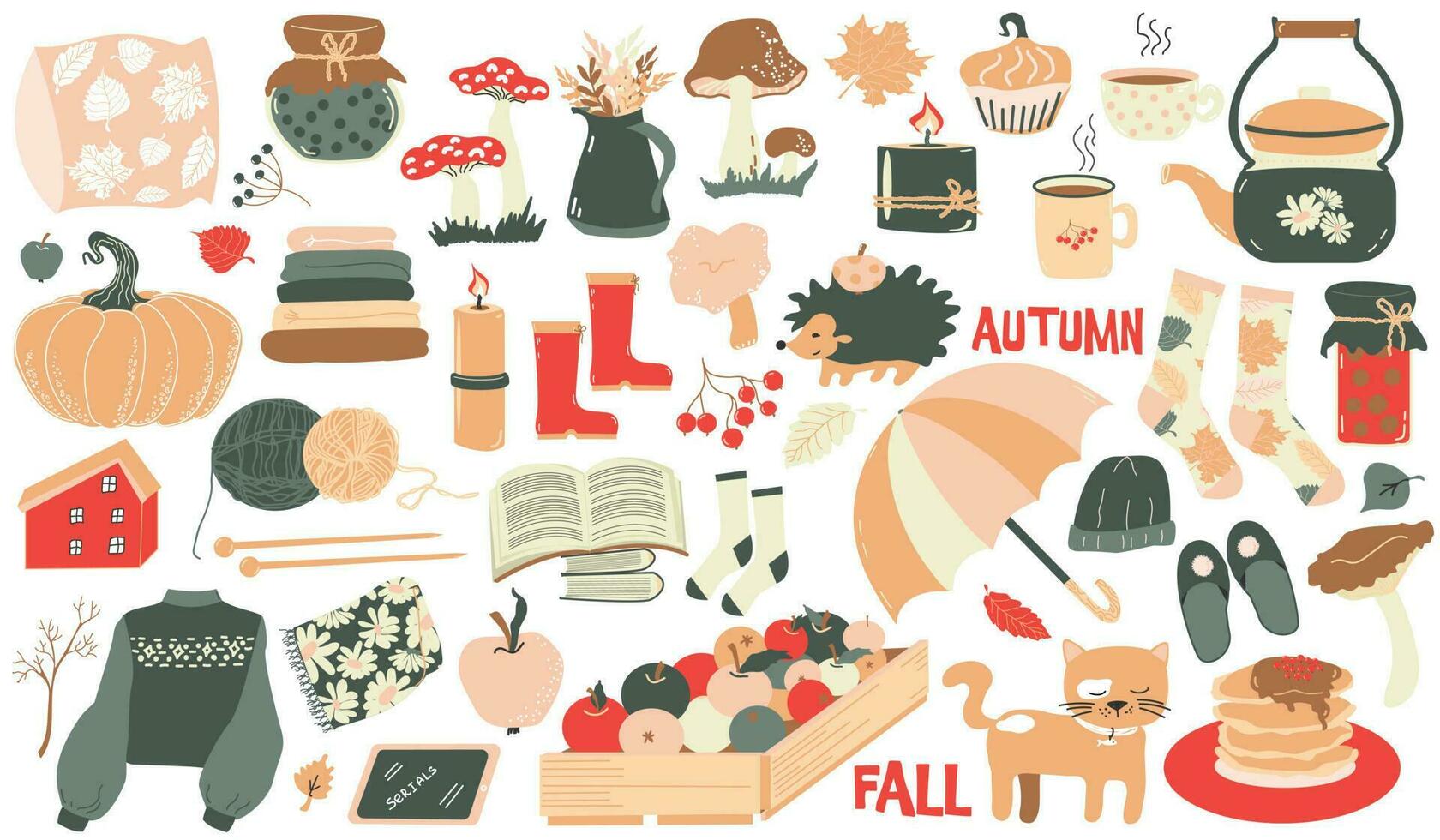 Fall items. Cozy home objects for autumn season. Vector set