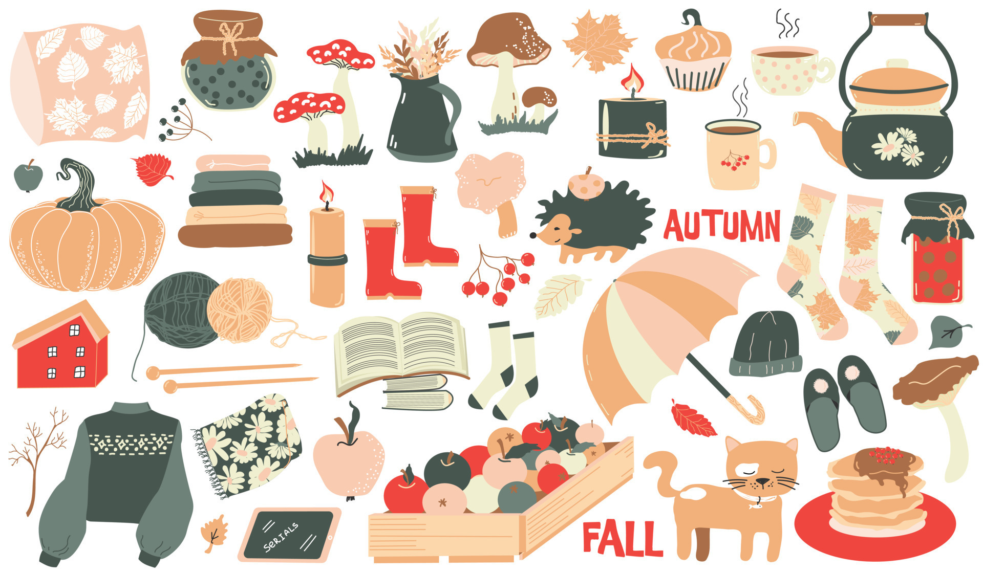 Cute autumn objects isolated. Collection of seasonal things like