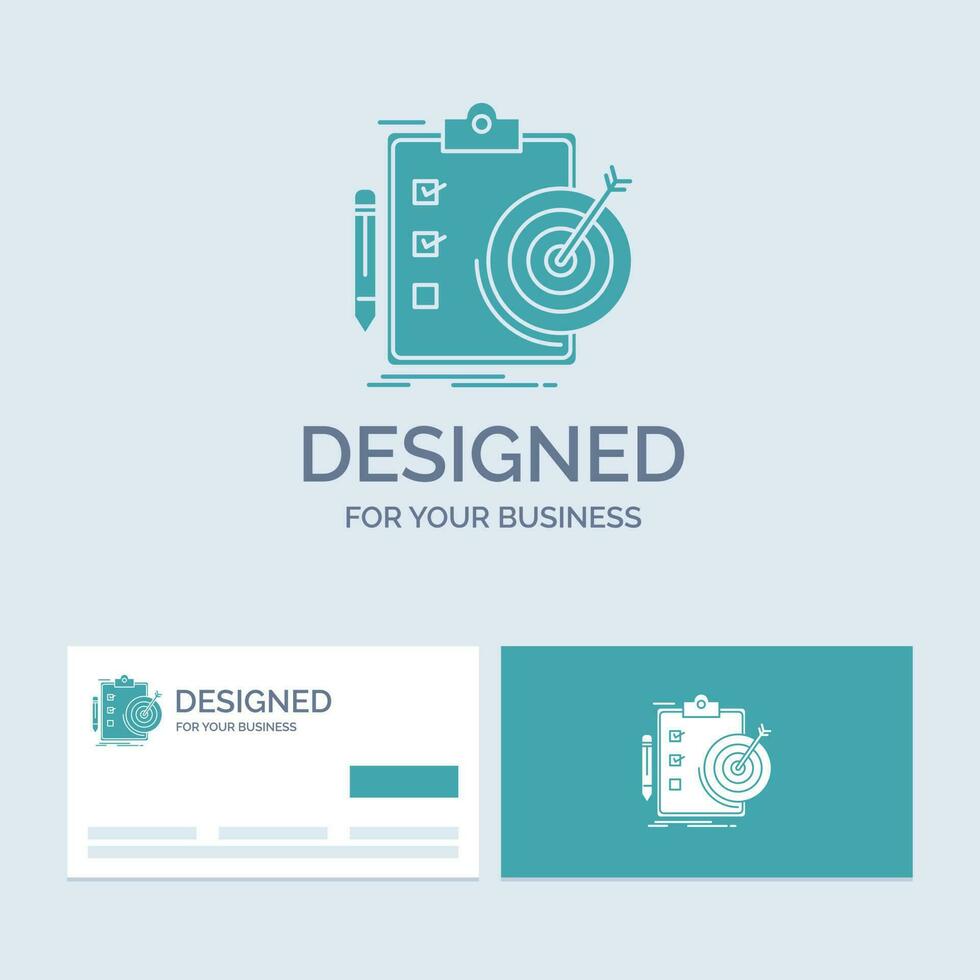 goals. report. analytics. target. achievement Business Logo Glyph Icon Symbol for your business. Turquoise Business Cards with Brand logo template. vector