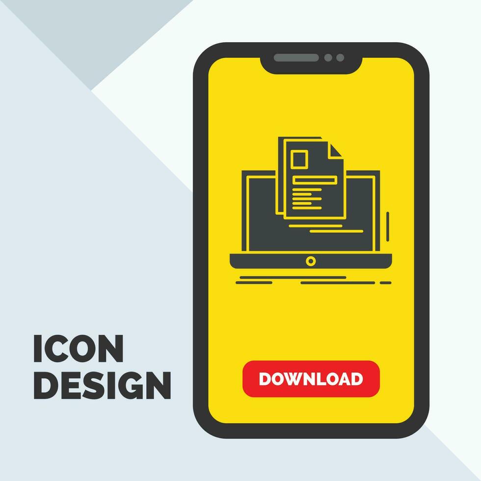 cuenta. computadora portátil. reporte. impresión. reanudar el icono de glifo en el móvil para la página de descarga. fondo amarillo vector