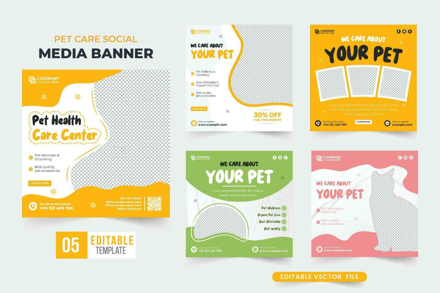 centro de cuidado de mascotas diseño de colección de publicaciones en redes sociales con colores amarillo y verde. paquete de banner web promocional de veterinaria y atención médica para mascotas. plantilla de tienda de mascotas creativa con formas abstractas. vector