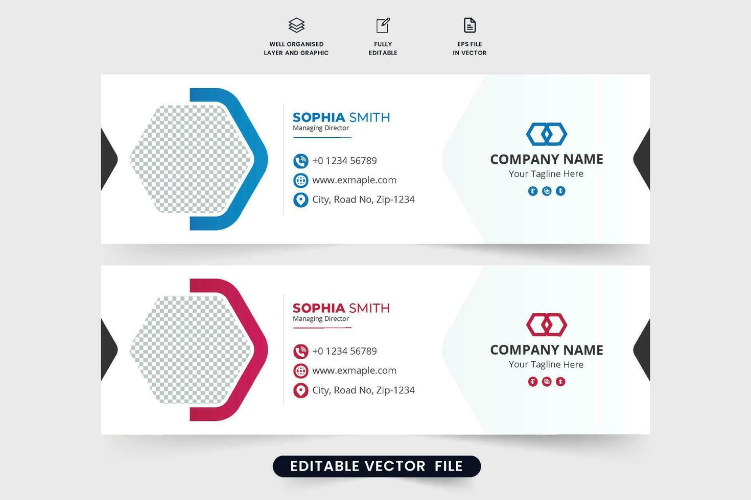 Professional email signature design with blue and maroon colors. Minimal email signature template vector for author's social media cover. Creative email footer decoration with geometric shapes.