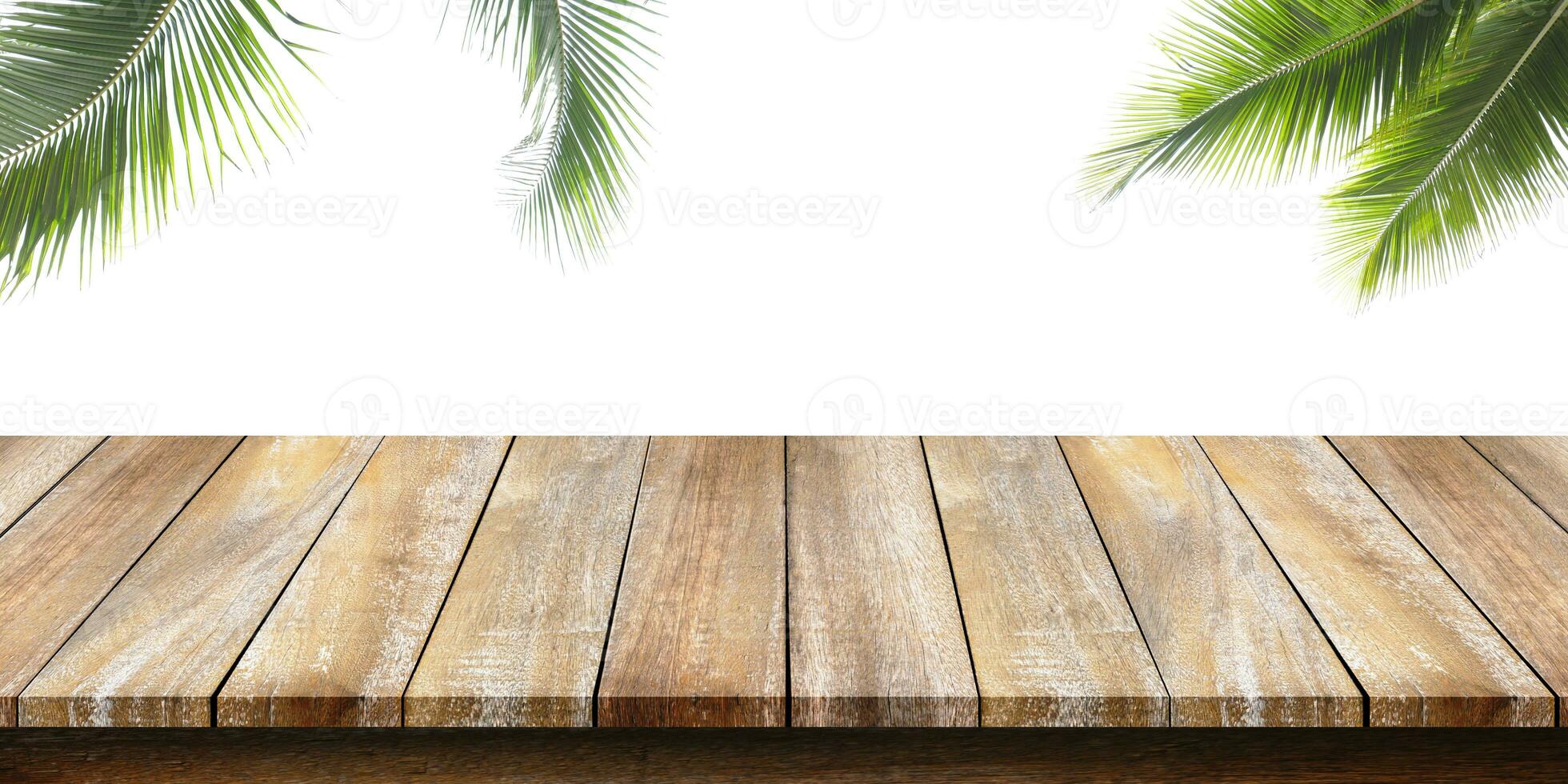 Empty of wooden table top with a coconut green leaf on white background. For montage product display or design key visual layouts. photo