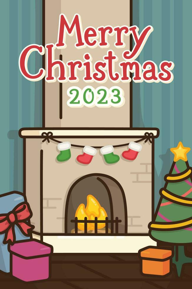 warm fireplace has hanging sock Merry Christmas card 2023 kawaii doodle flat cartoon vector illustration