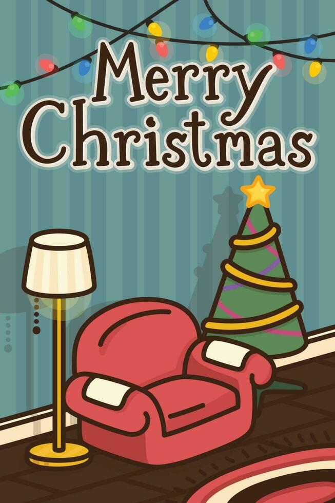 red sofa and christmas pine Merry Christmas card kawaii doodle flat cartoon vector illustration