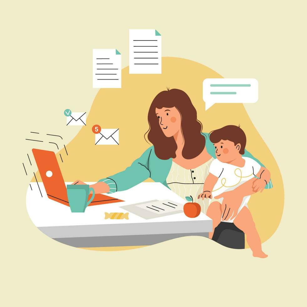 Mother with child working on the Laptop from Home. Female Freelance Worker with child at workplace. Online job, motherhood concept. Flat vector illustration.