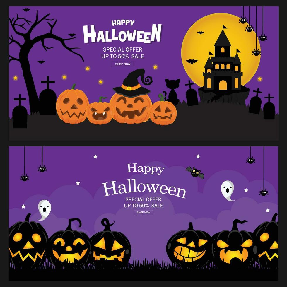 Halloween Sale Promotion Poster or banner with spooky flying ghosts, spiders,bats and scary pumpkins vector