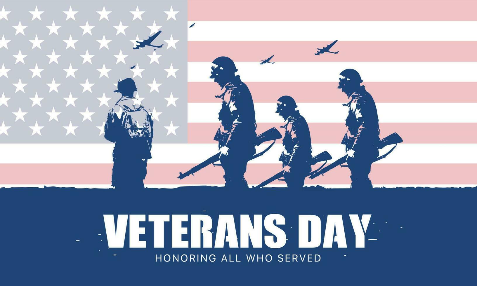 Veteran's day poster.Honoring all who served. Veteran's day illustration with american flag and soldiers vector