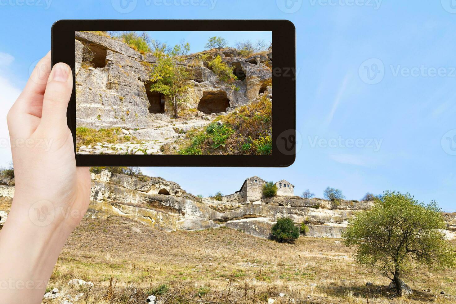 tourist photographs of town chufut-kale, Crimea photo