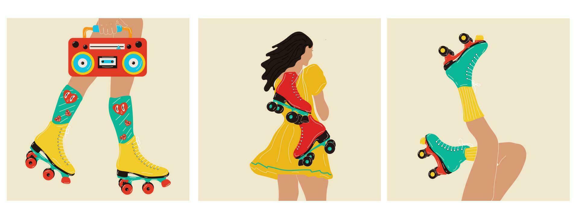 Set of posters with roller skates, Boombox and a girl with roller skates. Sport and disco. Retro fashion style from 80s. Vector illustrations in trendy colors. Hand drawn style