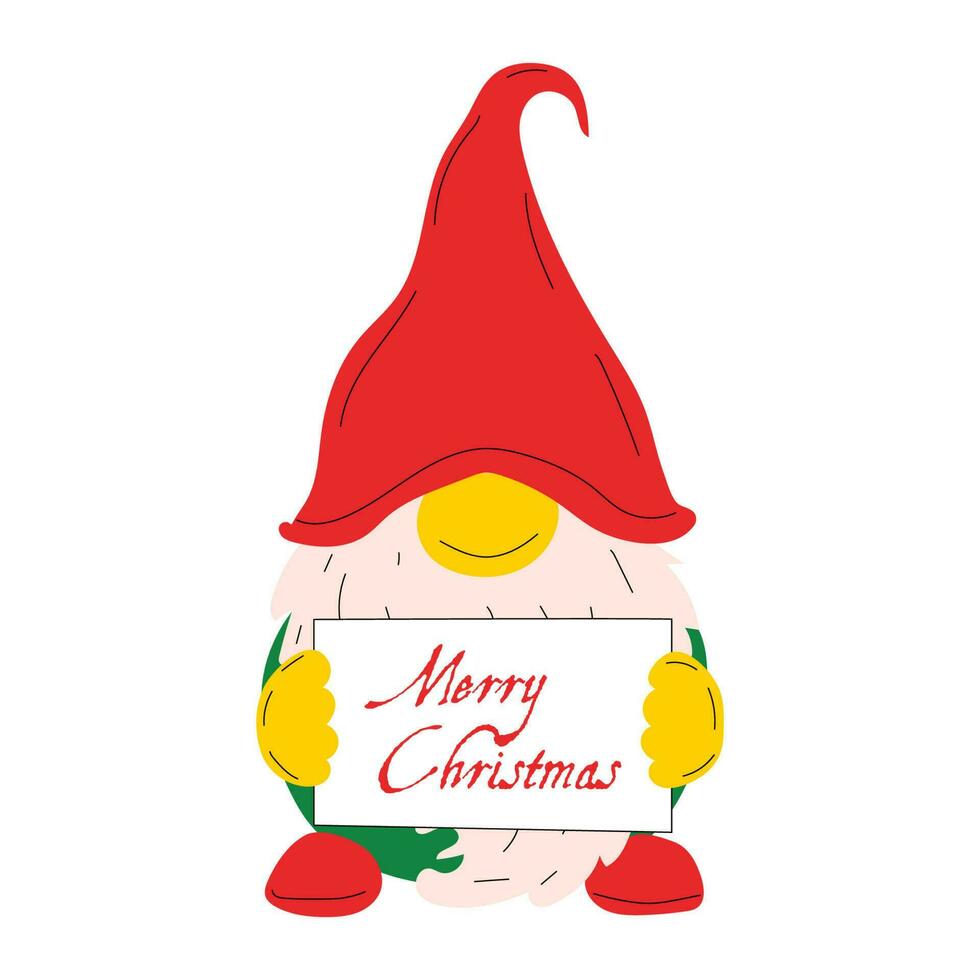 Cute Christmas gnome with a sign Merry christmas vector illustration on white background