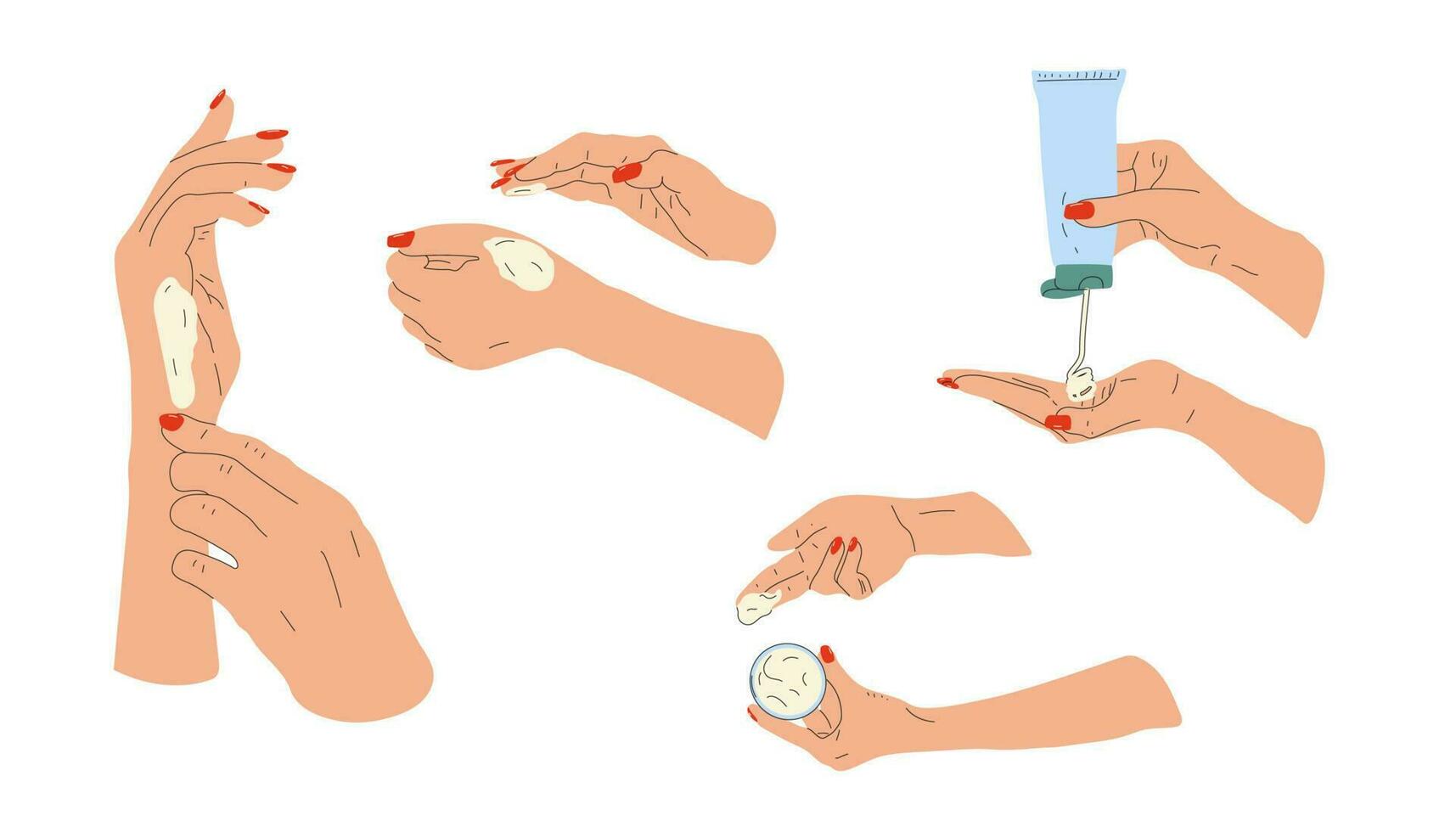 Set of Female hands with cream. Woman applying treatment lotion. Hand drawn vector illustration