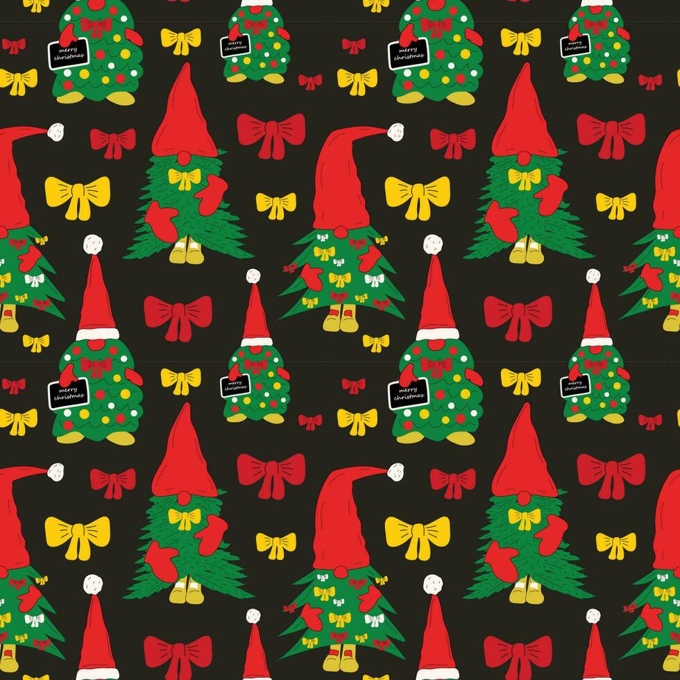 Seamless pattern with Cute Christmas gnome made of Christmas tree. Vector in cartoon style.