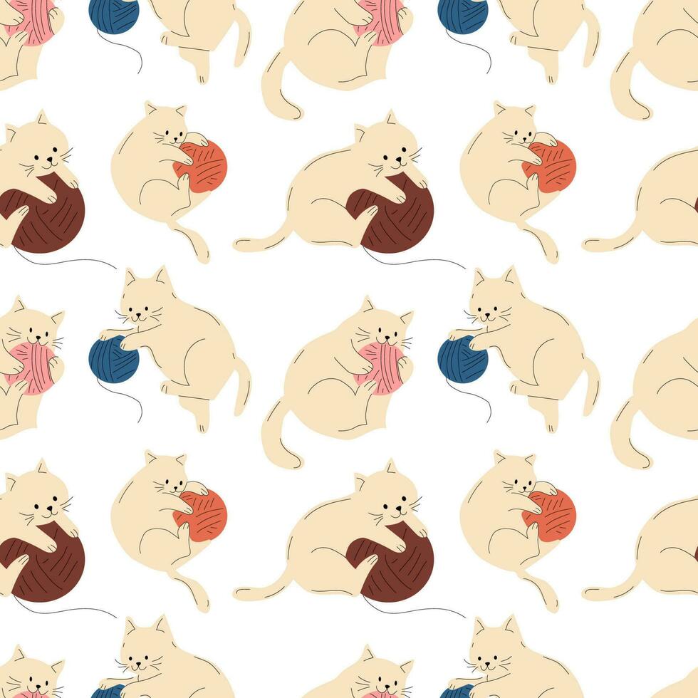 Seamless pattern with Set of cute cats with Knitting and balls of yarn. Vector