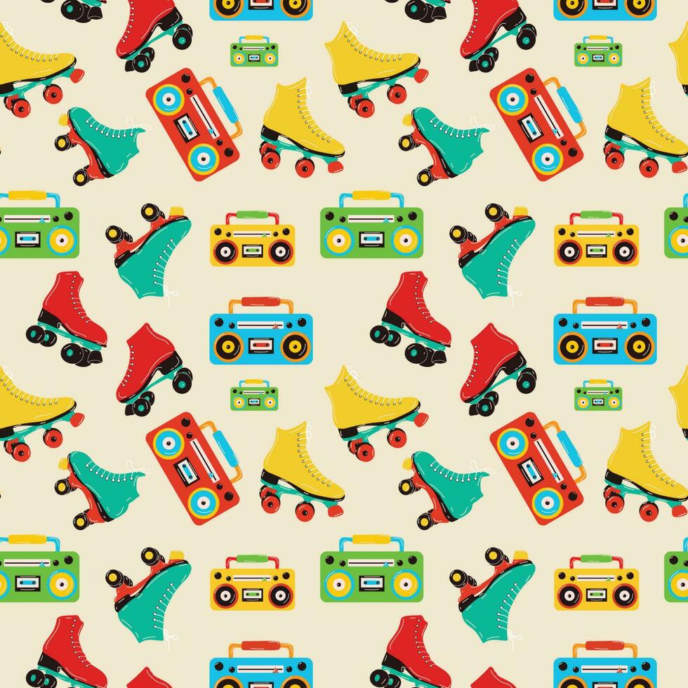 Seamless pattern with Retro roller skates icon and Boombox or radio cassette tape player hipster style. Modern vintage. Vector illustration