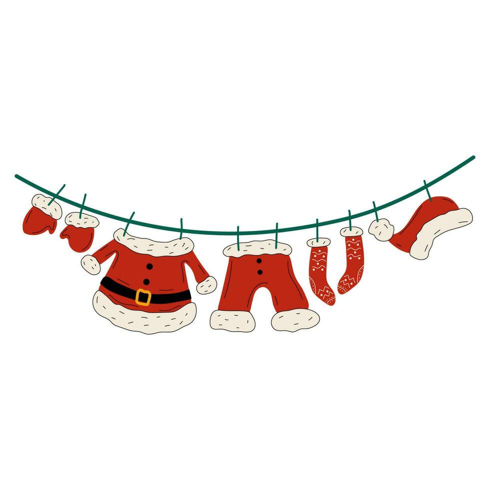 Vector illustration of all of Santa's clothes hanging on a clothesline. Vector in cartoon style. All elements are isolated
