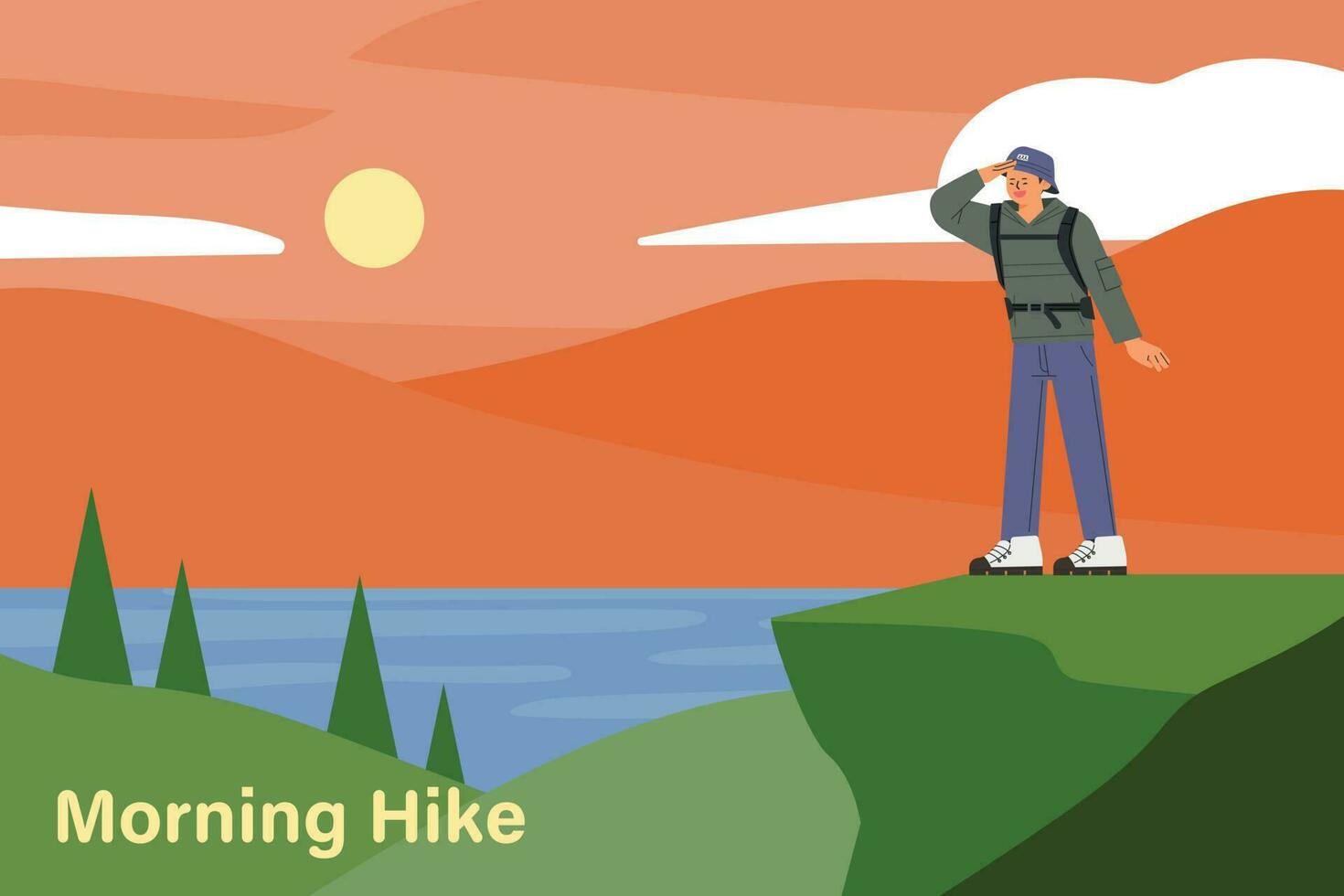 A hiker climbs to the top of the mountain and watches the sunrise. Orange sky and blue lake. flat vector illustration.
