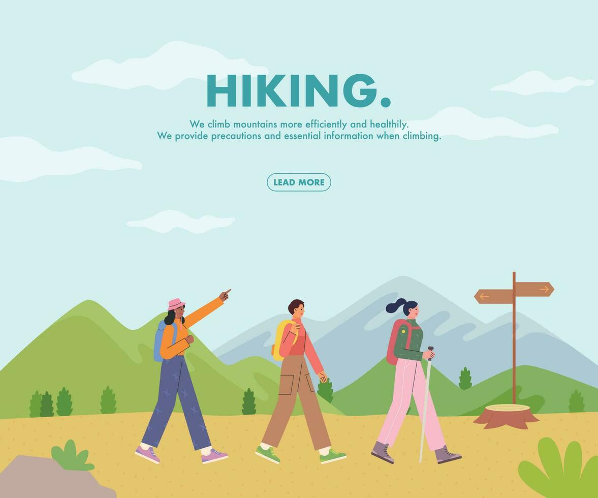 Three friends are hiking. Nature background with mountains in the distance. There are milestones and tree stumps. vector