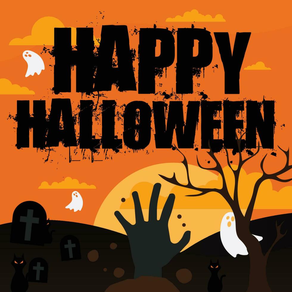 Happy Halloween Instagram background with zombie hand and cemetery vector