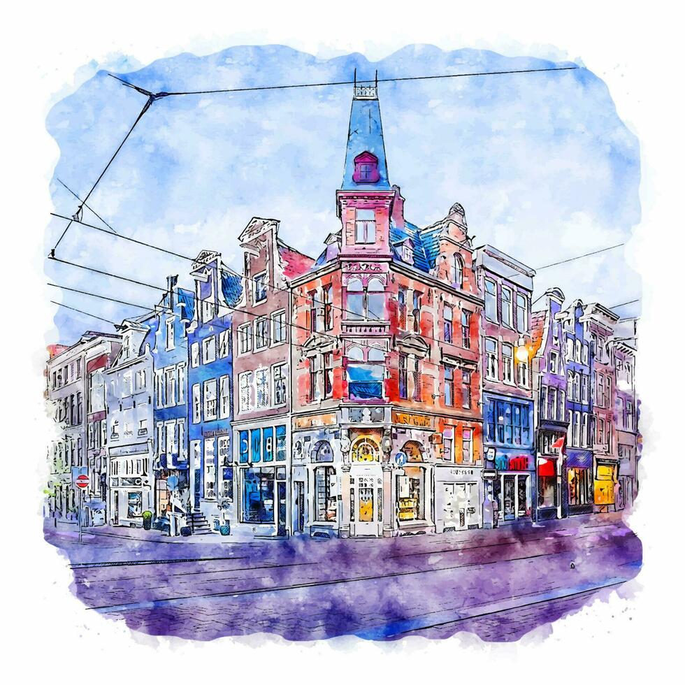 Amsterdam Netherlands Watercolor sketch hand drawn illustration vector