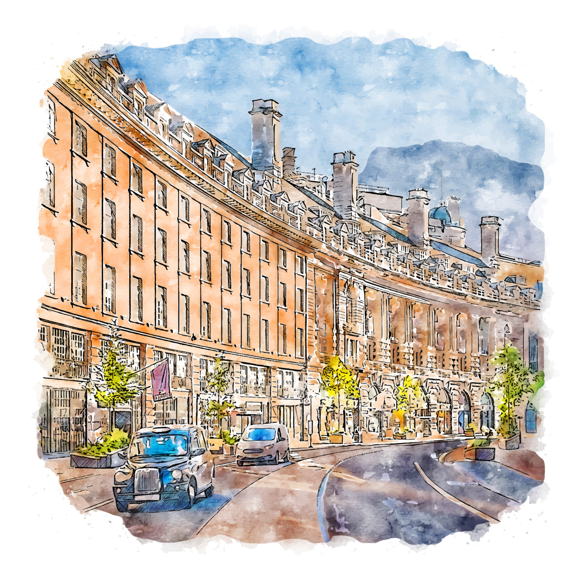 Architecture London United Kingdom Watercolor sketch hand drawn