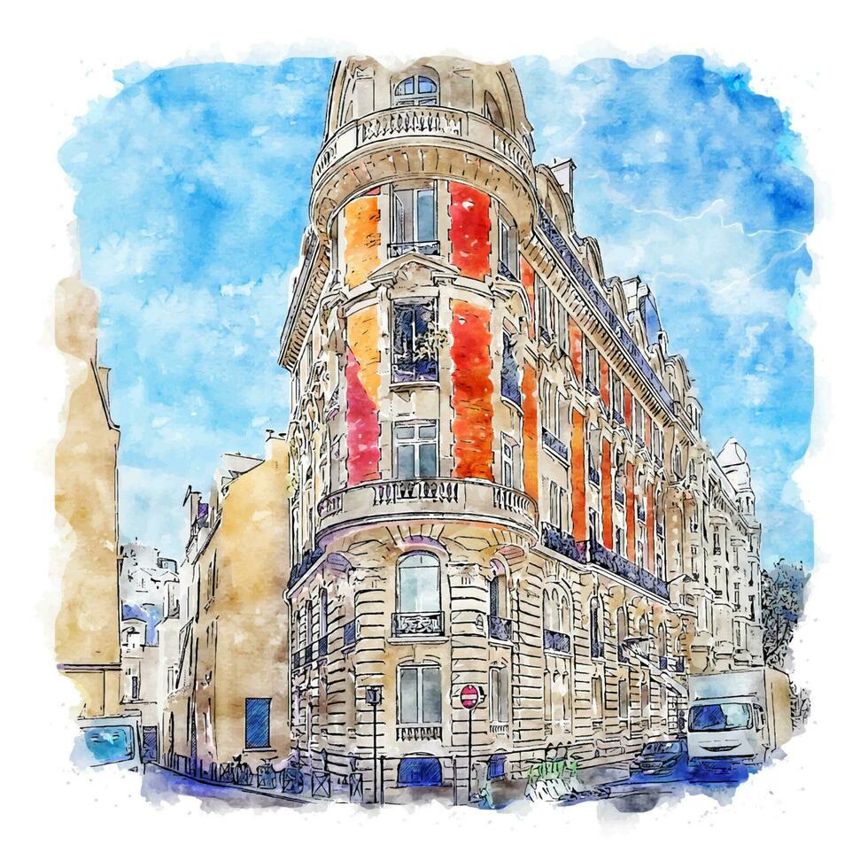 Architecture Paris France Watercolor sketch hand drawn illustration vector