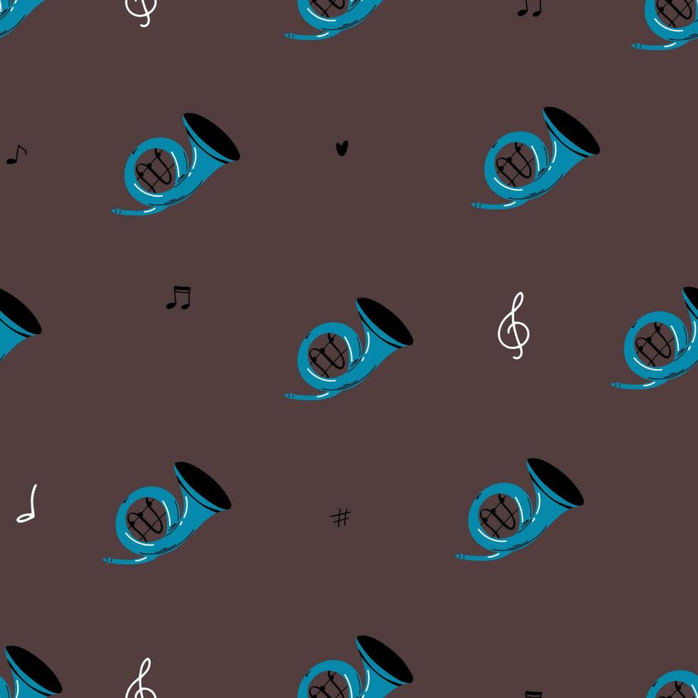 canto abstracto de patrones sin fisuras con trompeta de notas musicales. ilustración vectorial instrumentos musicales . fondo dibujado a mano. ideal para textiles, papel de envolver, papeles pintados. vector