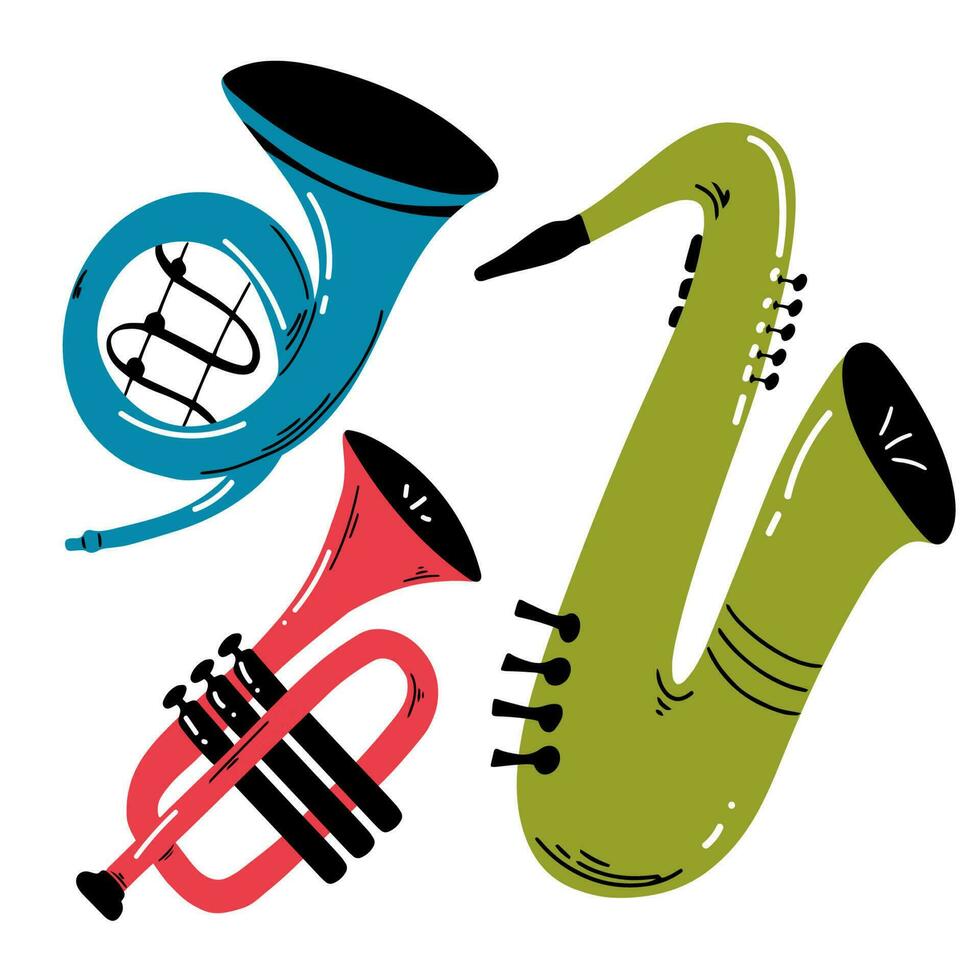 colección de instrumentos musicales de dibujos animados. ilustración de vector de trompeta de saxofón