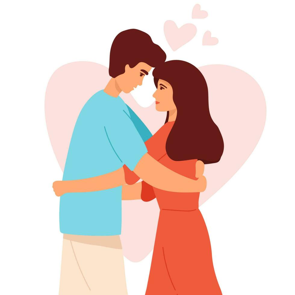 amor ternura y concepto de sentimientos románticos. joven amorosa pareja sonriente niño y niña de pie abrazándose abrazándose sintiéndose enamorados ilustración vectorial, vector