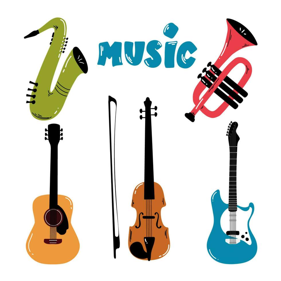 Big collection of cartoon music instruments. Vector illustration.