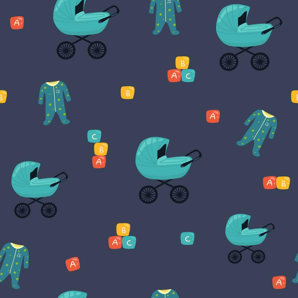Collection of baby toys icons, hand drawn seamless pattern. Blue backdrop with children goods. Boys toys icon set vector. Decorative illustration, good for printing. Wallpaper design, vector