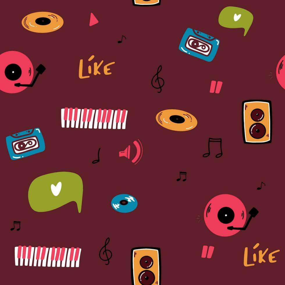 Abstract singing mic seamless pattern with music notes piano, speakers, music record, Hand drawn background. Great for textiles, wrapping paper, wallpapers. vector