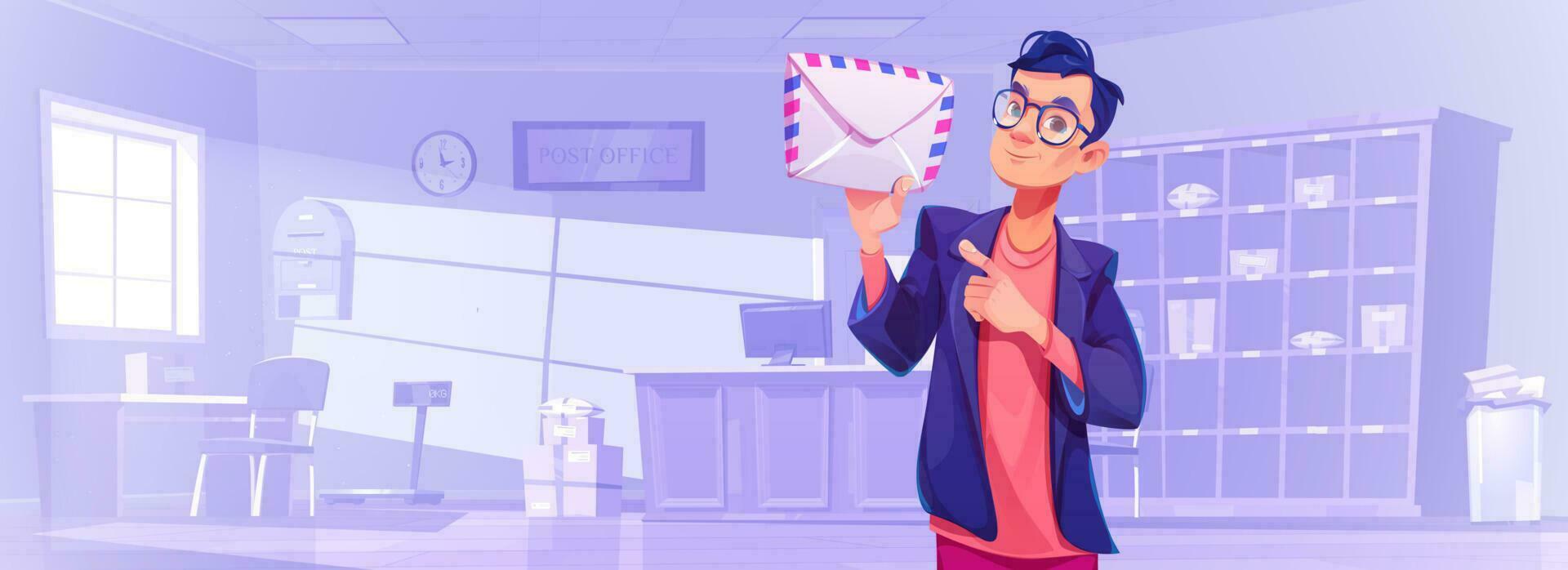 Man show envelope in post office interior, mail vector