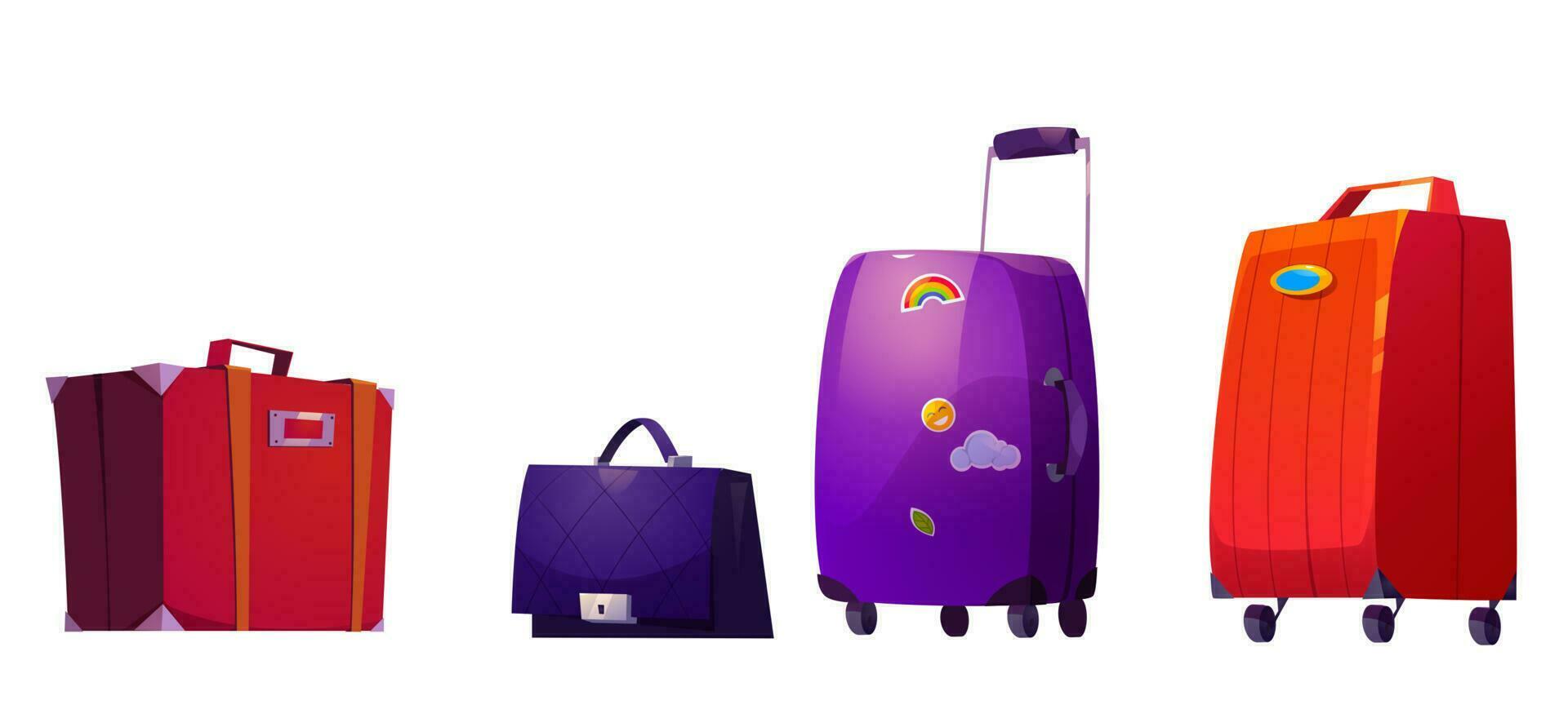 Suitcases, travel luggage, baggage and bags set vector