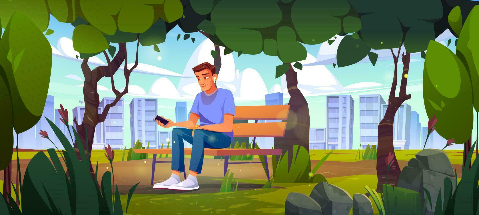 Man use mobile phone sitting on bench in city park vector