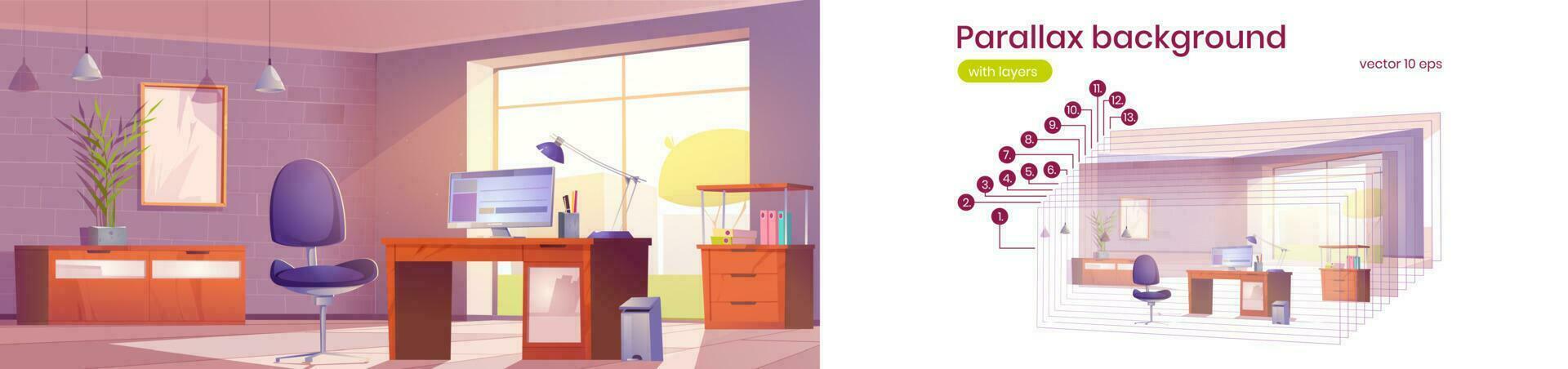 Parallax background with office workplace interior vector