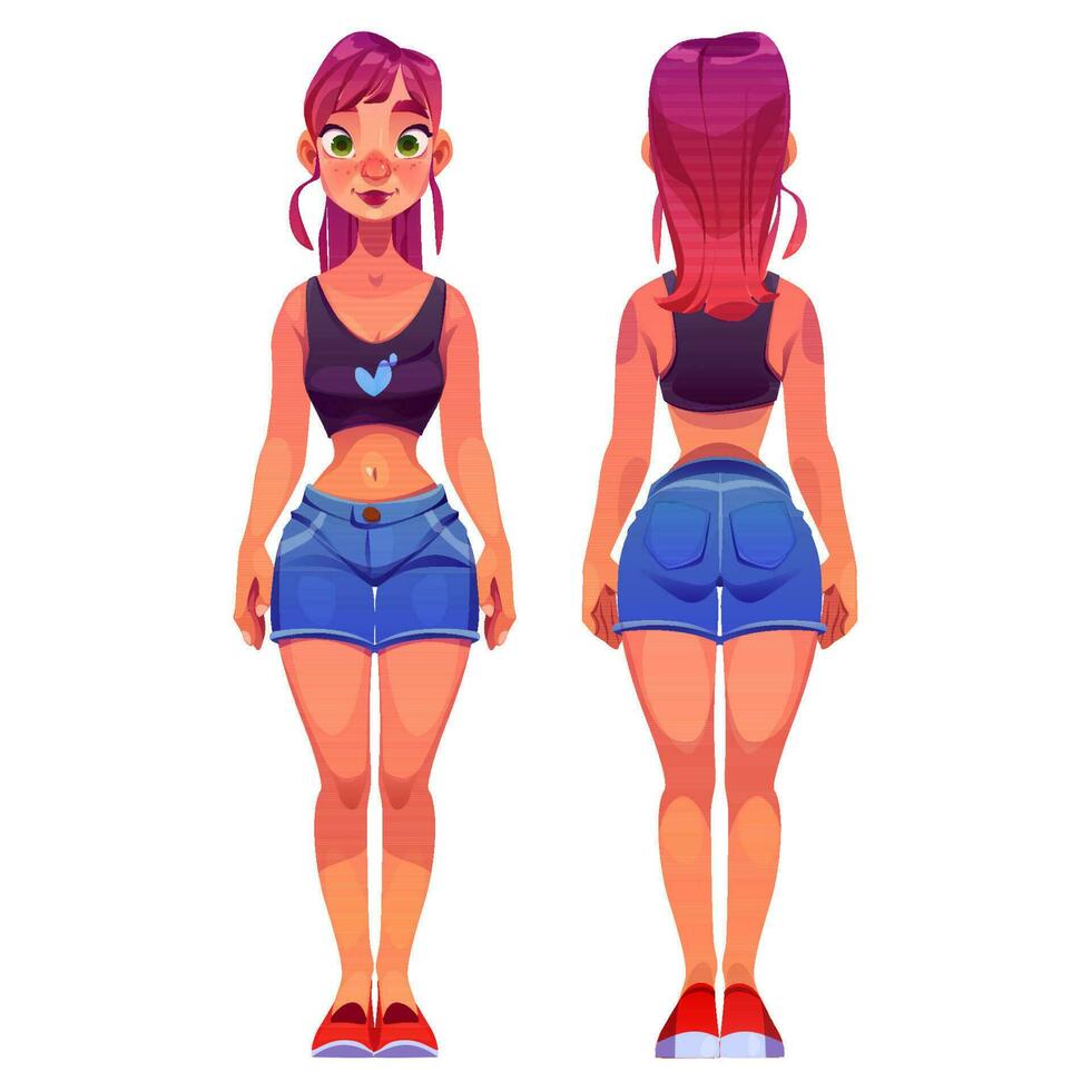 mujer joven personaje de dibujos animados vista frontal y trasera vector