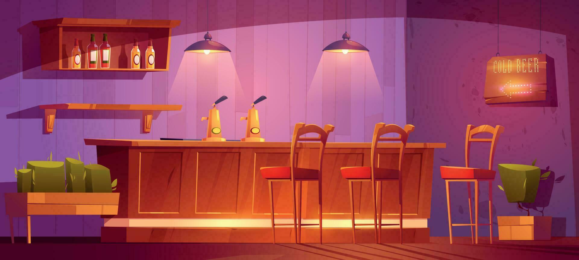 Bar with wooden counter, beer pumps and bottles vector