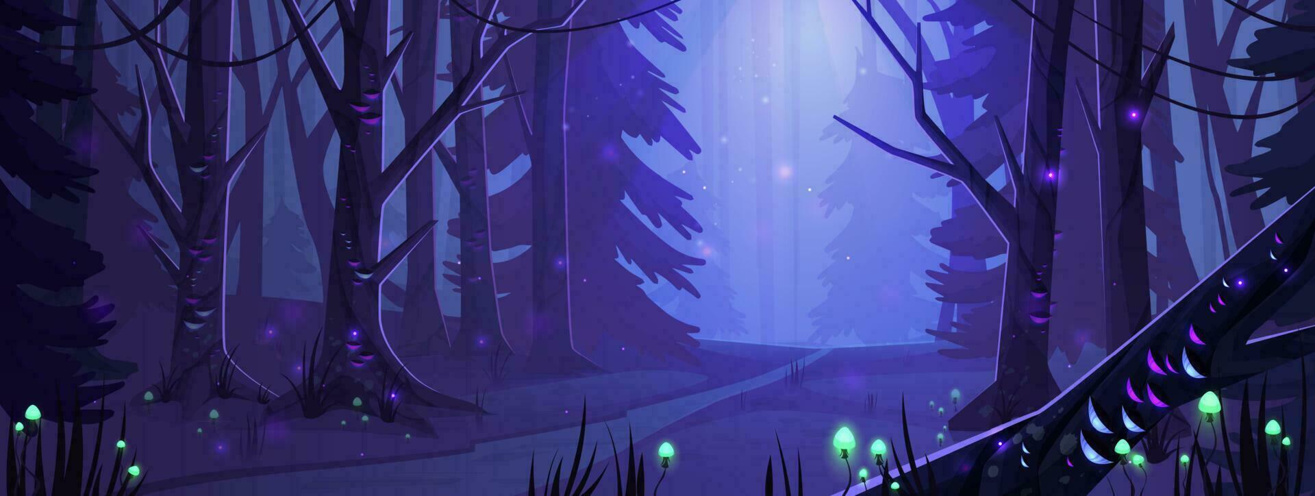 paisaje de bosque nocturno con árboles y camino, vector