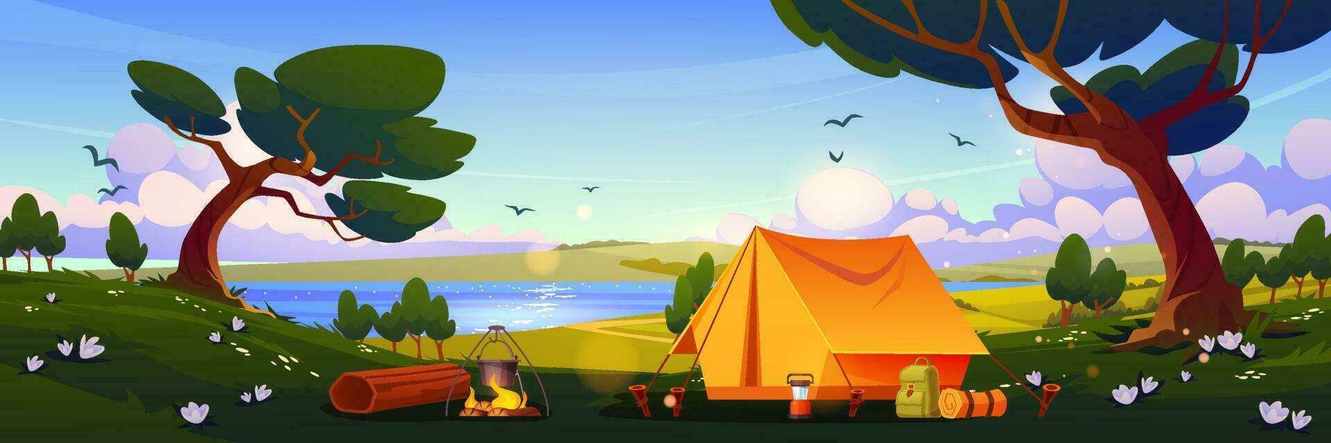 Camping tent with campfire and tourist equipment vector