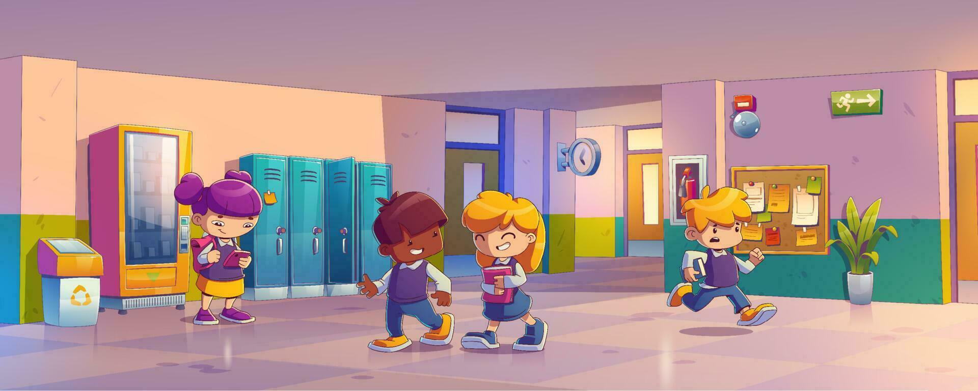 School hallway with kids in uniform, lockers vector