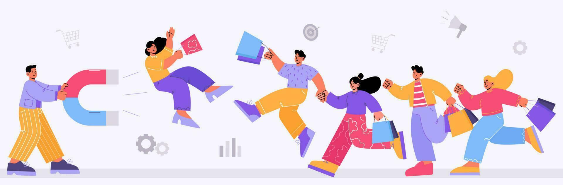 Customer retention, smm concept with huge magnet vector