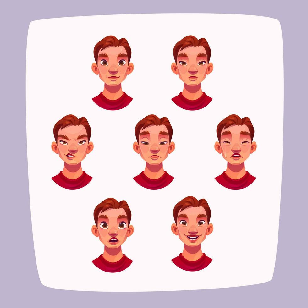 Young man face expressions, cartoon male avatar vector